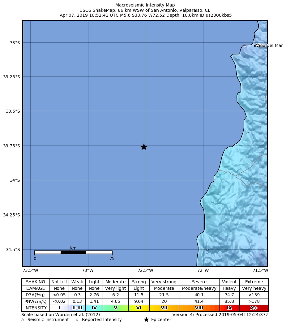 USGS ShakeMap: estimated shaking intensity around the epicenter
