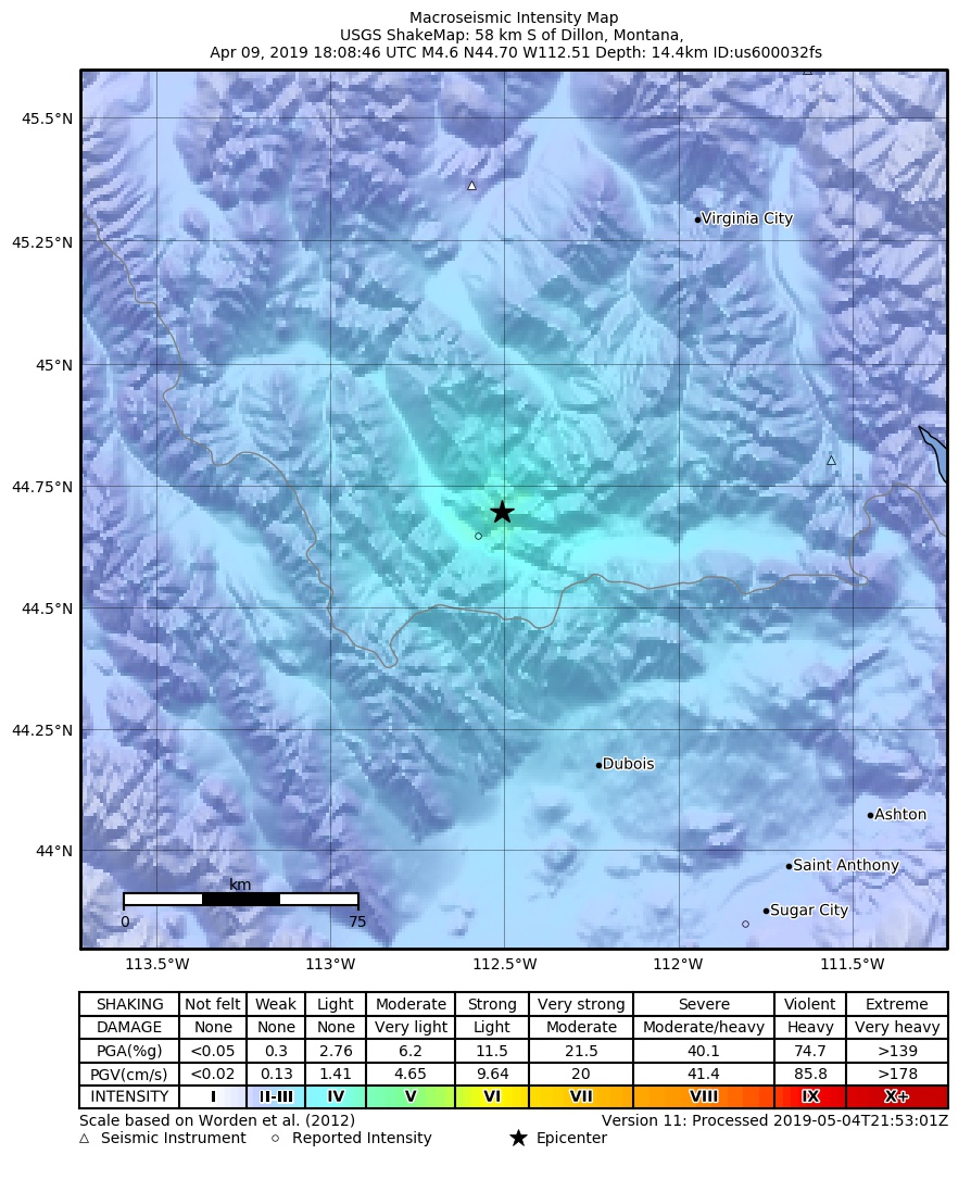 USGS ShakeMap: estimated shaking intensity around the epicenter