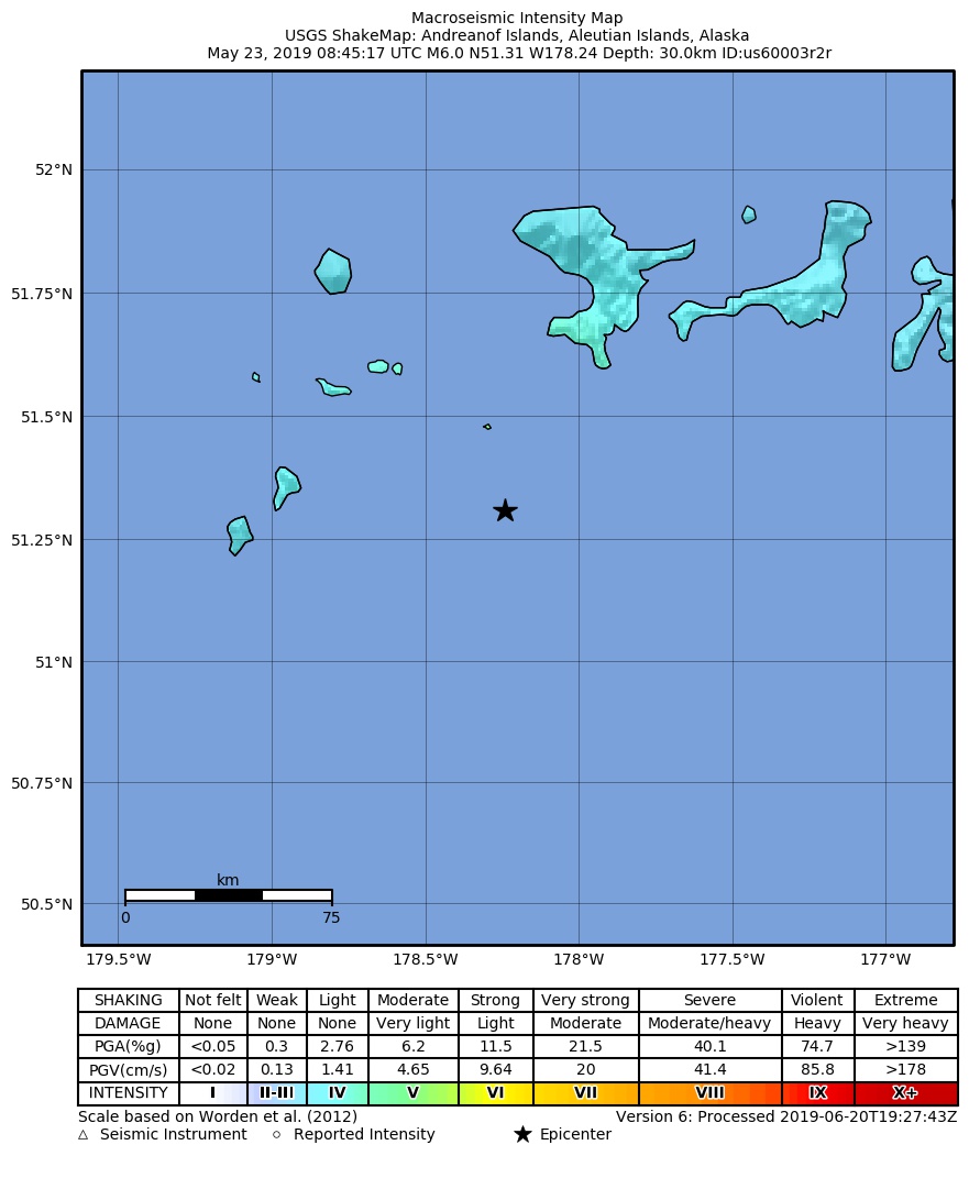 USGS ShakeMap: estimated shaking intensity around the epicenter