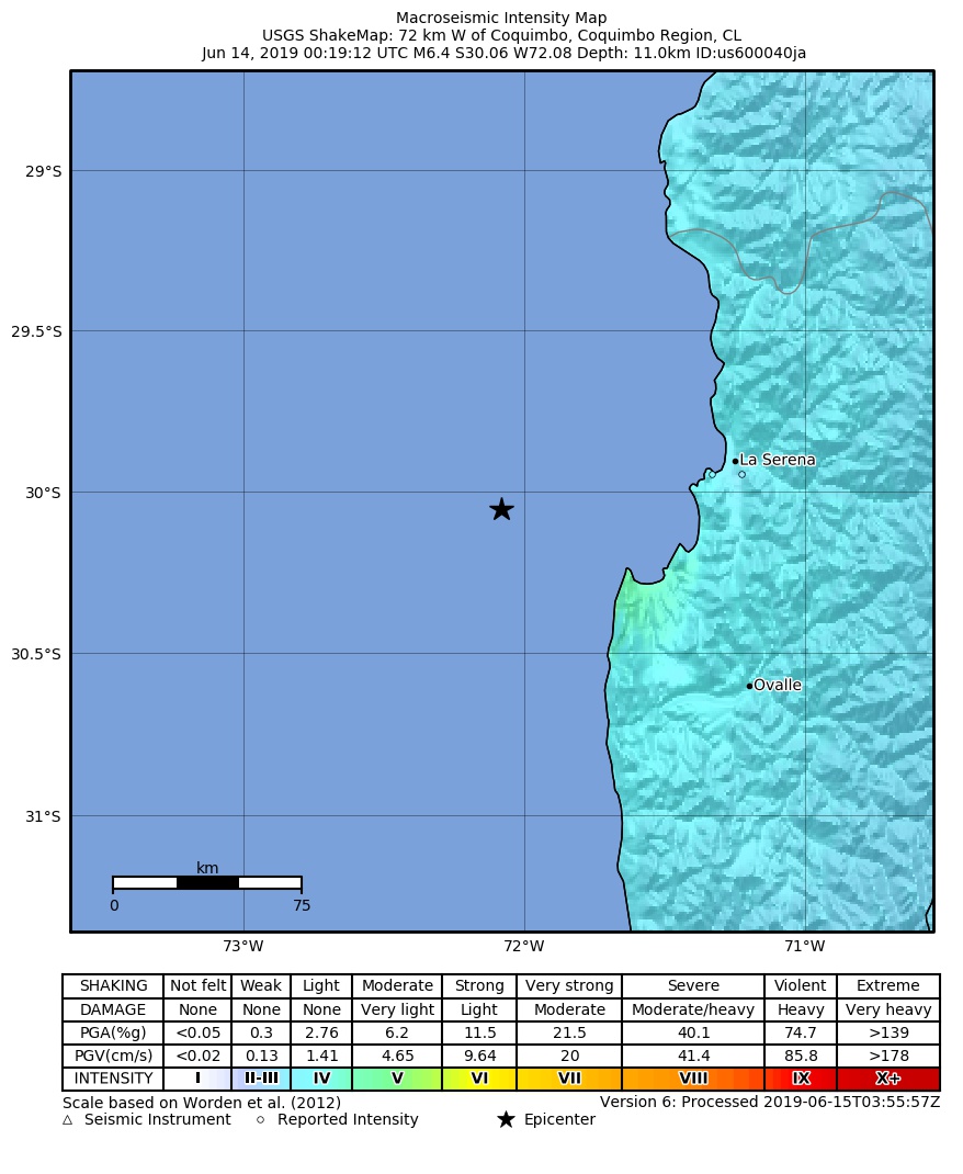 USGS ShakeMap: estimated shaking intensity around the epicenter