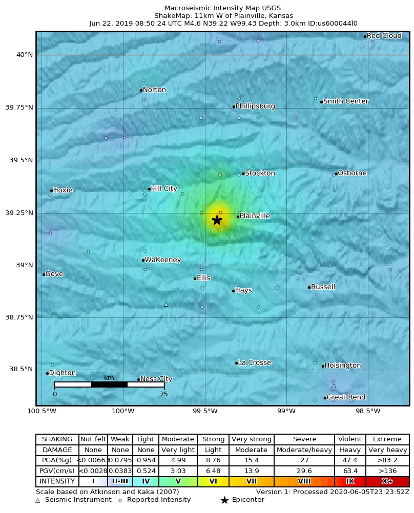 USGS ShakeMap: estimated shaking intensity around the epicenter