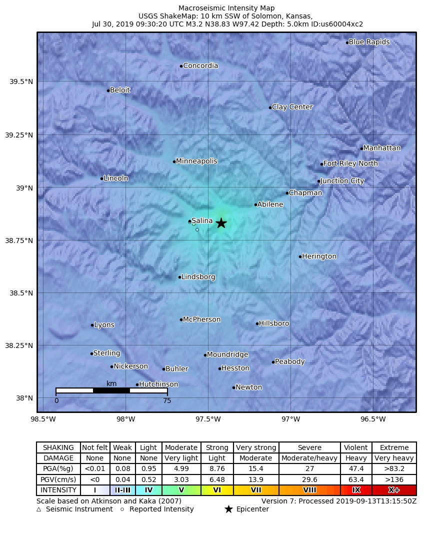 USGS ShakeMap: estimated shaking intensity around the epicenter