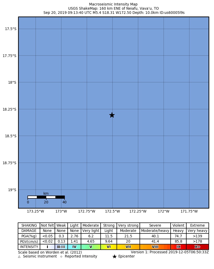 USGS ShakeMap: estimated shaking intensity around the epicenter