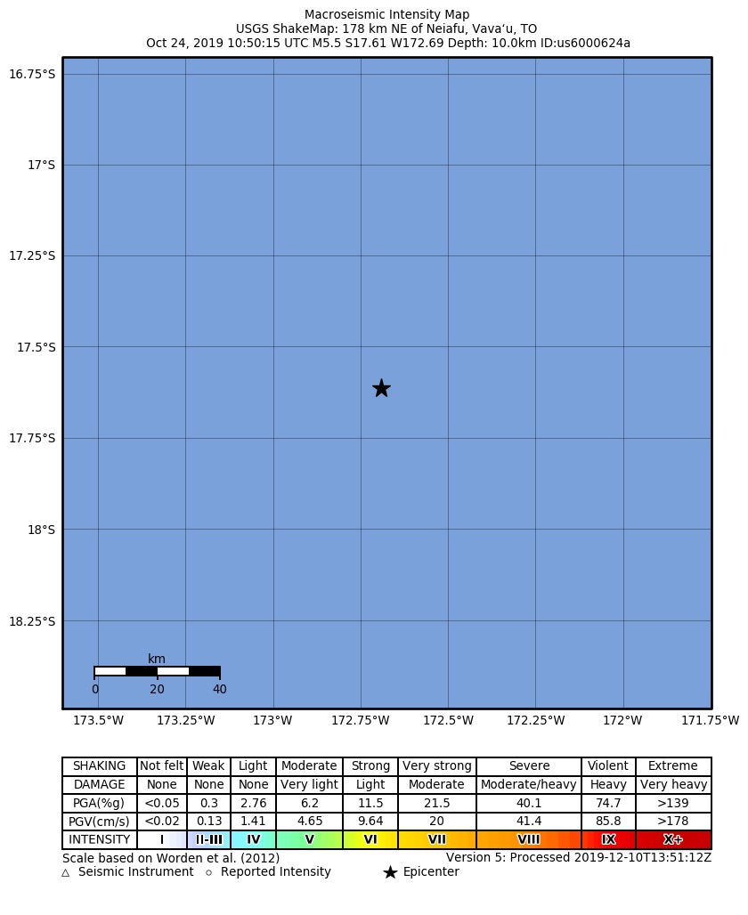 USGS ShakeMap: estimated shaking intensity around the epicenter