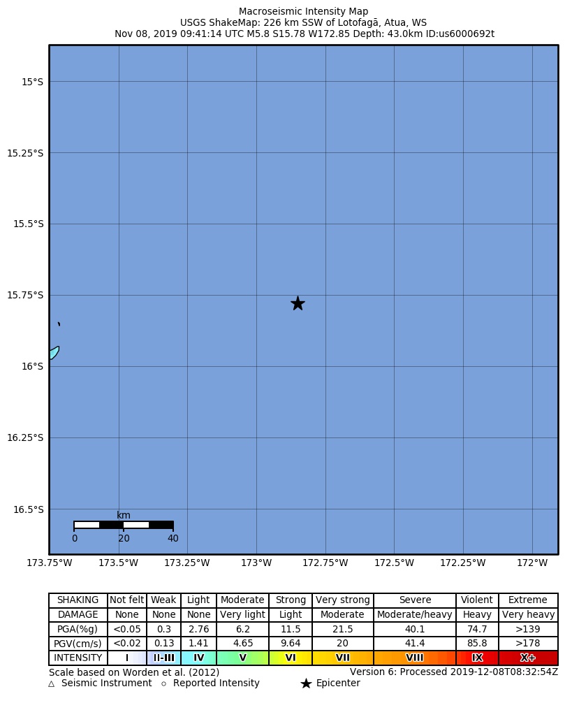 USGS ShakeMap: estimated shaking intensity around the epicenter
