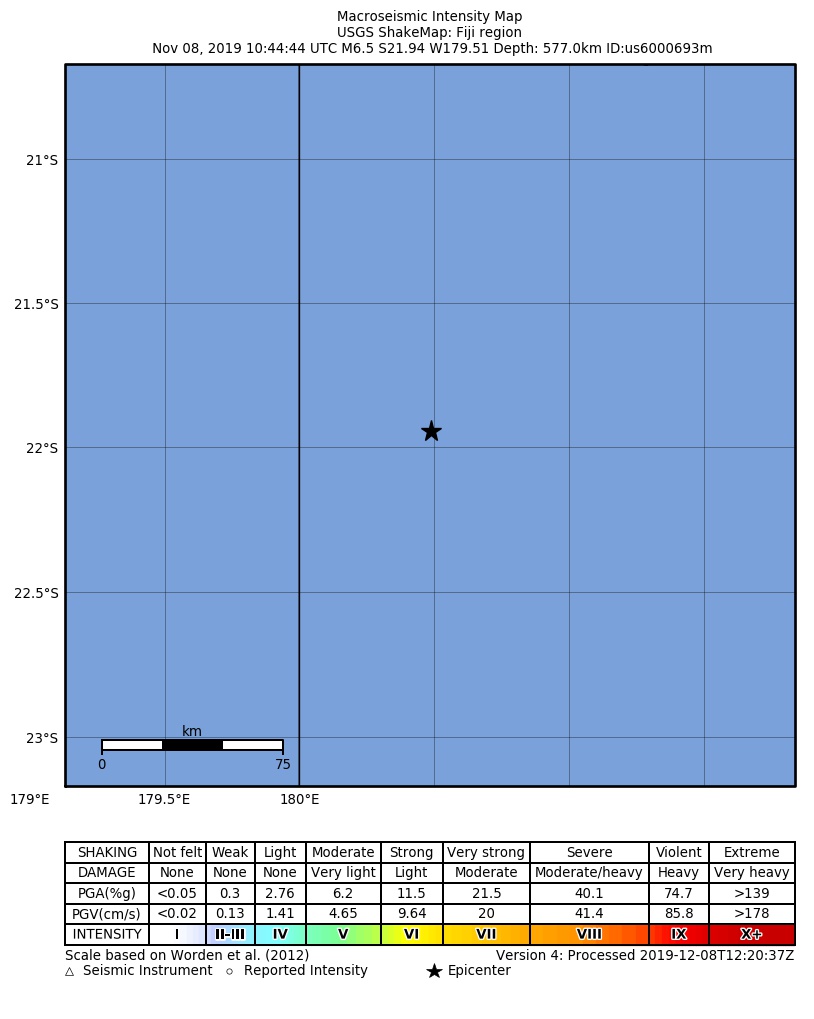 USGS ShakeMap: estimated shaking intensity around the epicenter