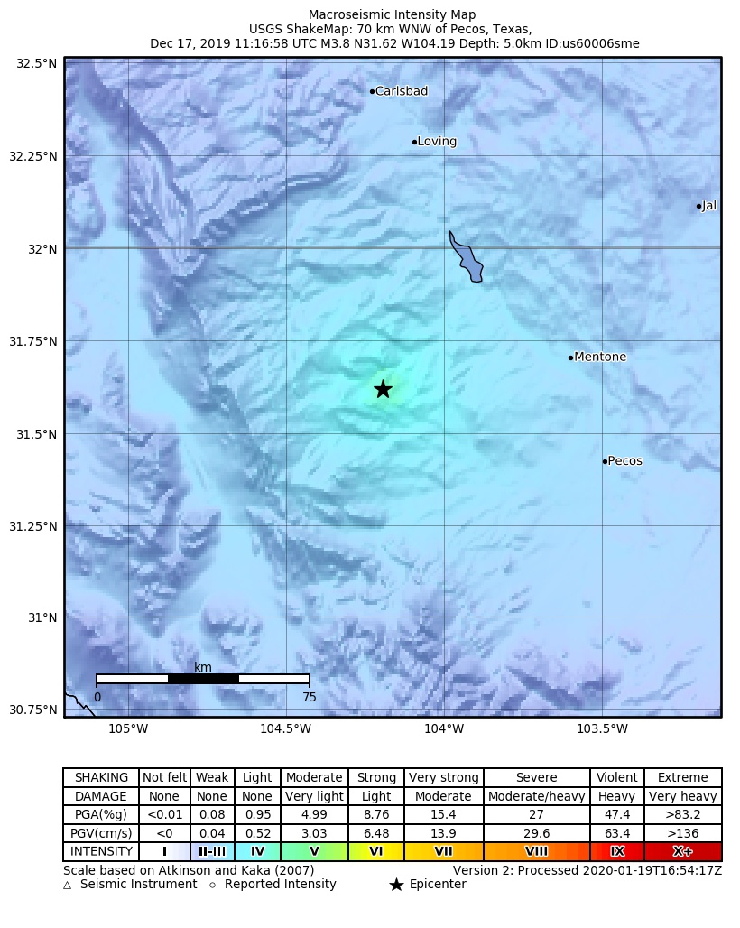 USGS ShakeMap: estimated shaking intensity around the epicenter