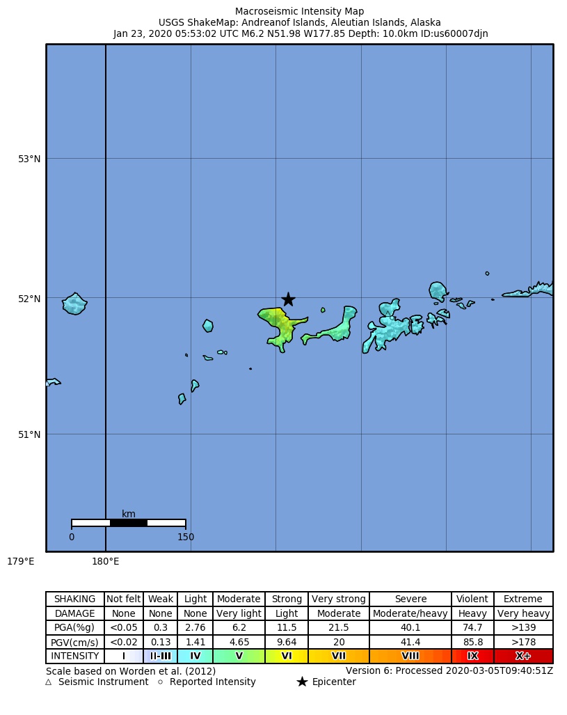 USGS ShakeMap: estimated shaking intensity around the epicenter