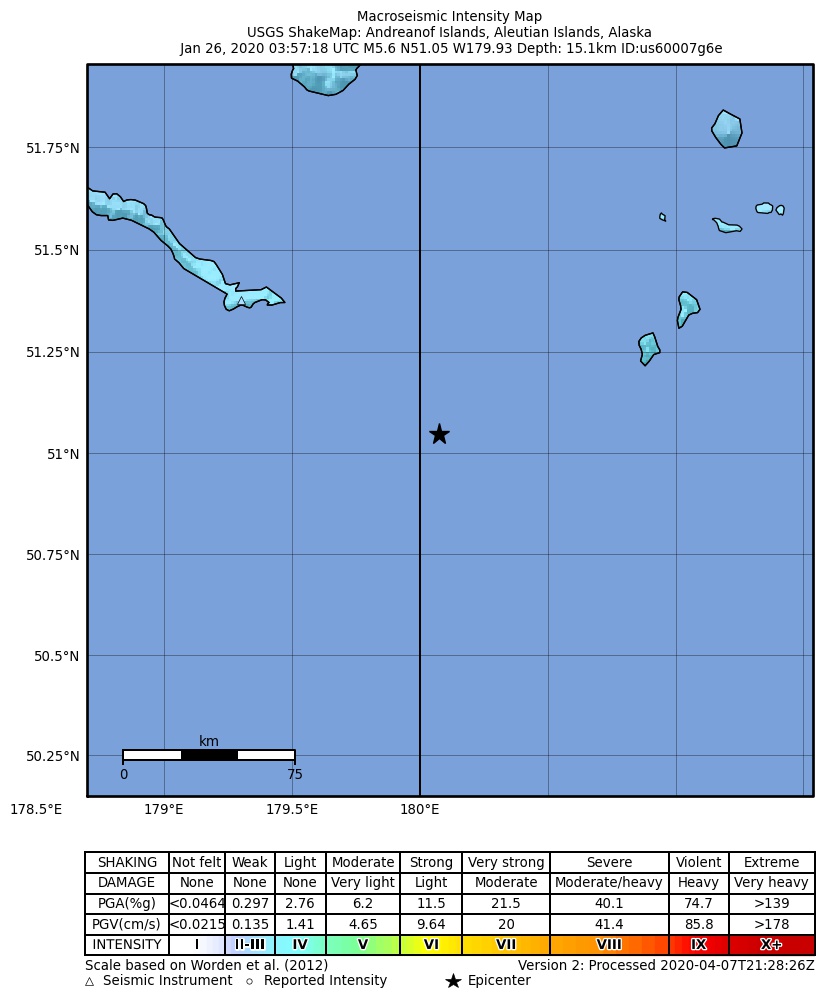 USGS ShakeMap: estimated shaking intensity around the epicenter