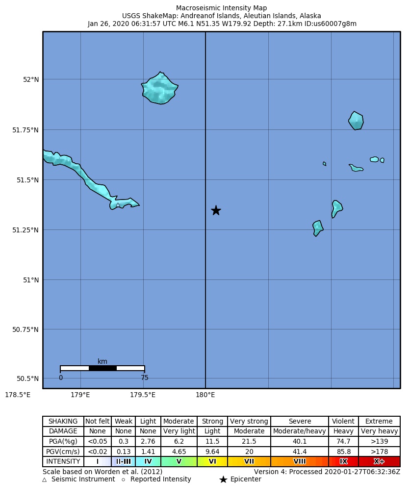 USGS ShakeMap: estimated shaking intensity around the epicenter