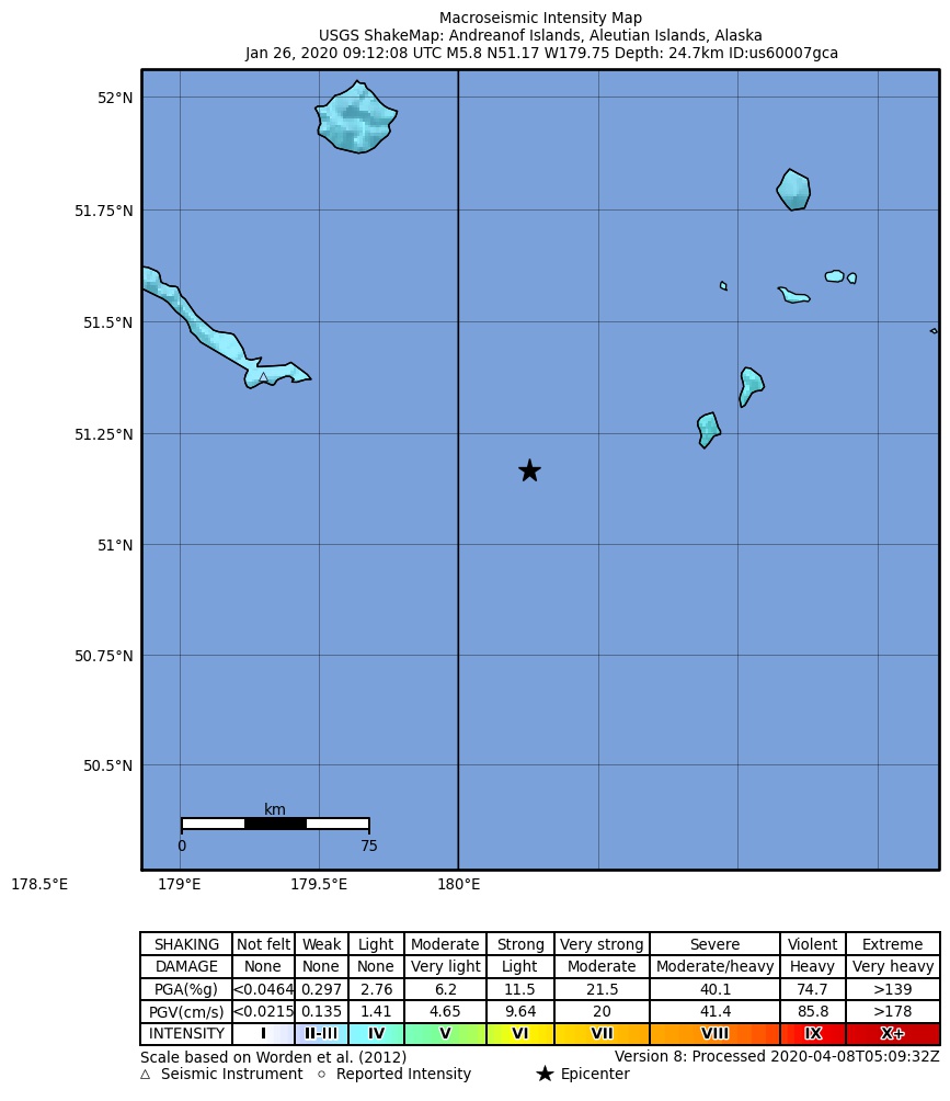 USGS ShakeMap: estimated shaking intensity around the epicenter