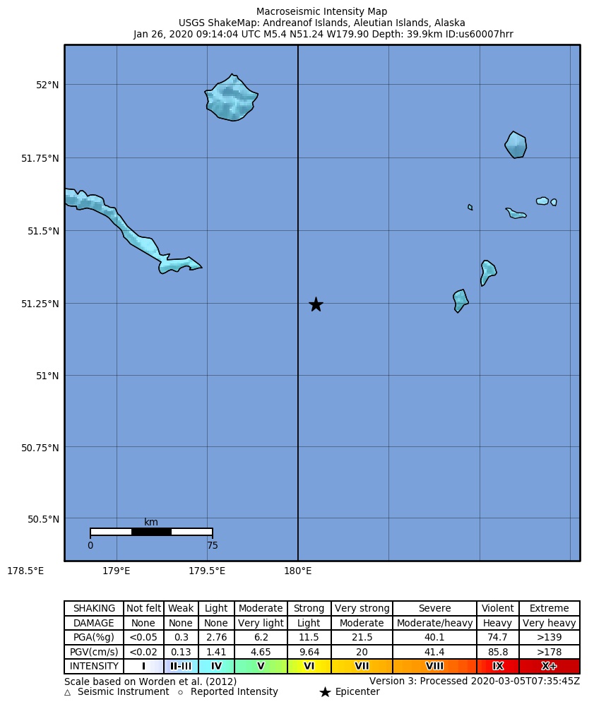 USGS ShakeMap: estimated shaking intensity around the epicenter