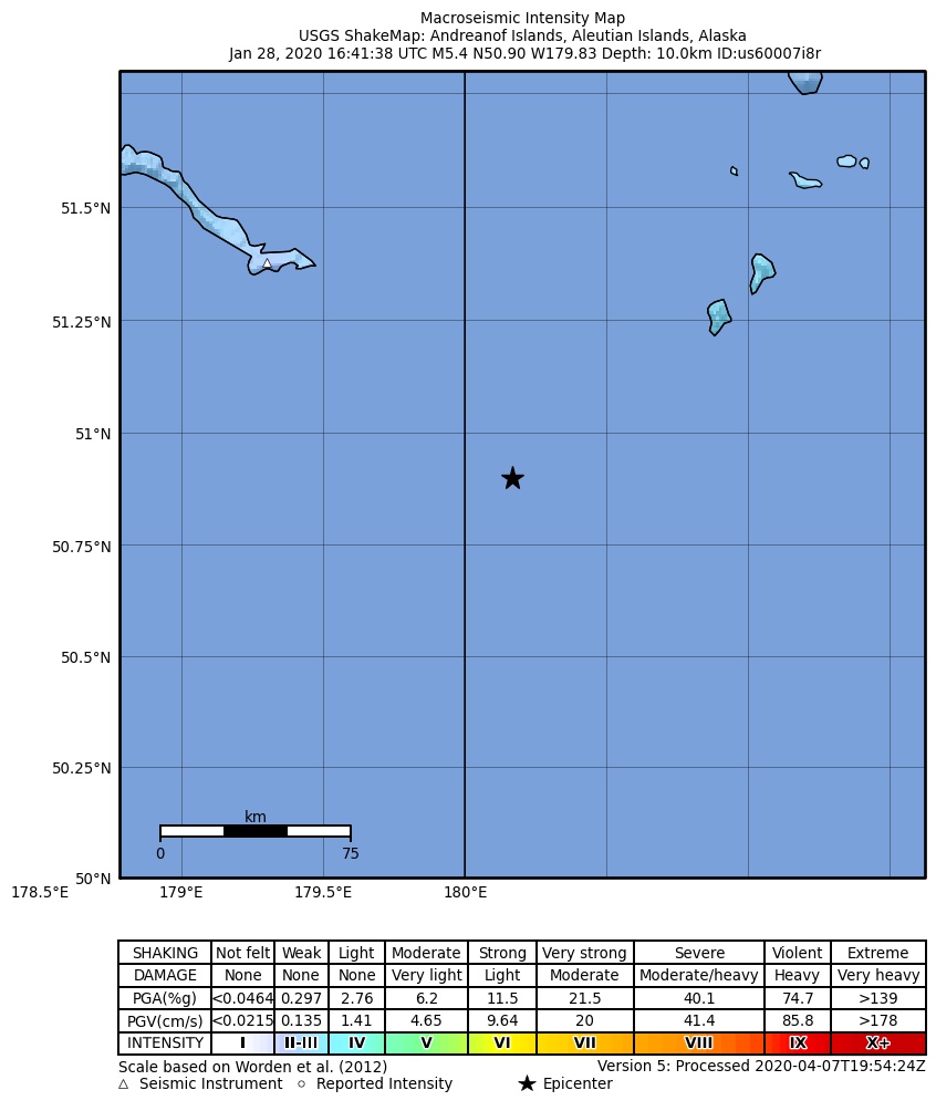 USGS ShakeMap: estimated shaking intensity around the epicenter