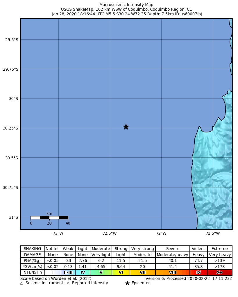 USGS ShakeMap: estimated shaking intensity around the epicenter