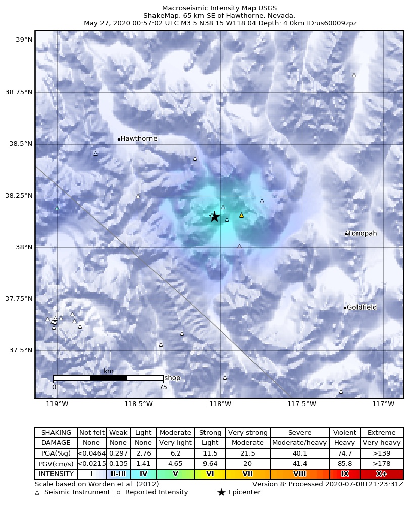 USGS ShakeMap: estimated shaking intensity around the epicenter