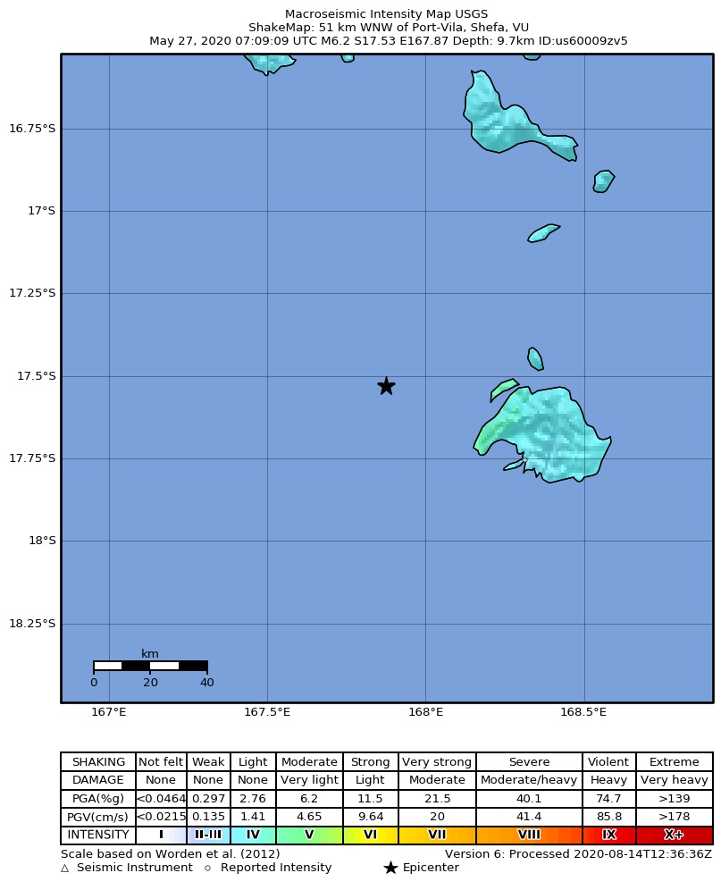USGS ShakeMap intensity contours for the M6.2 earthquake near 51 km WNW of Port-Vila, Vanuatu