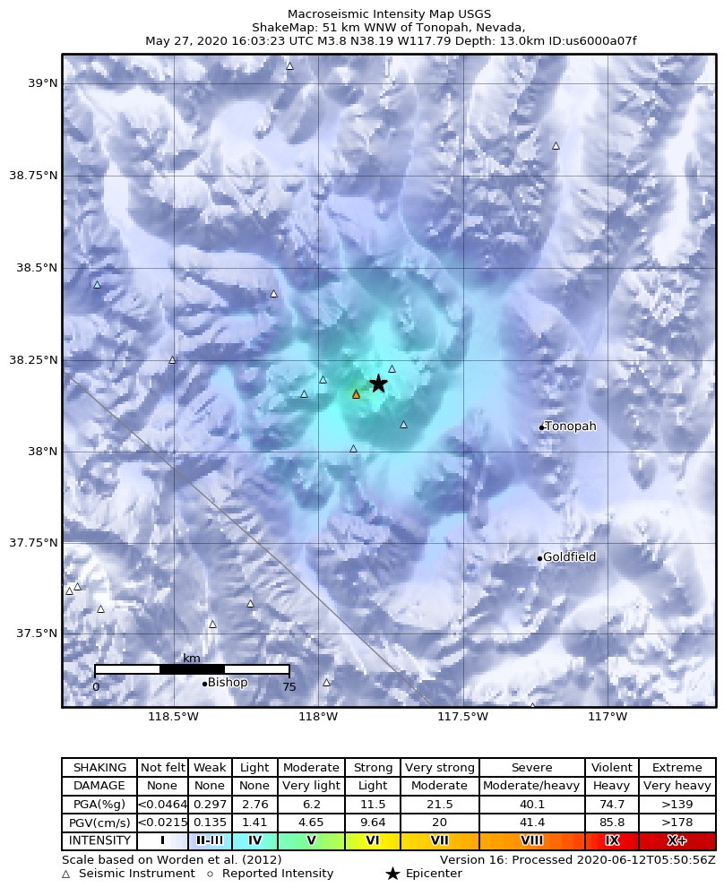 USGS ShakeMap: estimated shaking intensity around the epicenter