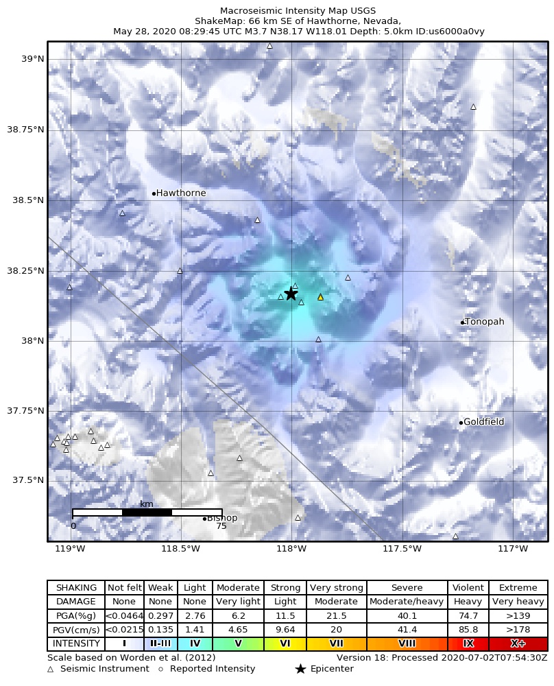 USGS ShakeMap: estimated shaking intensity around the epicenter