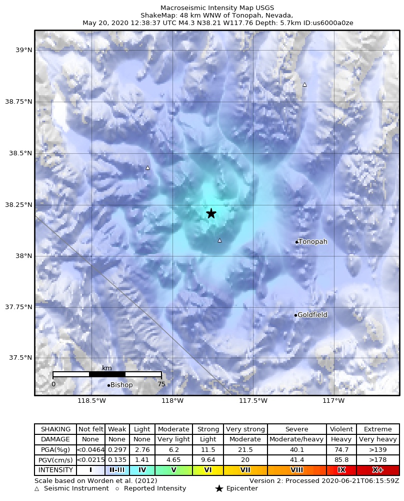 USGS ShakeMap: estimated shaking intensity around the epicenter