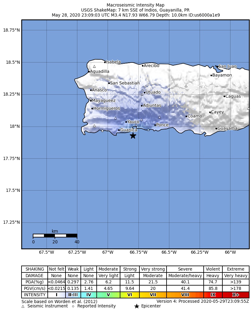 USGS ShakeMap intensity contours for the M3.3 earthquake near 3 km SSW of Indios, Puerto Rico