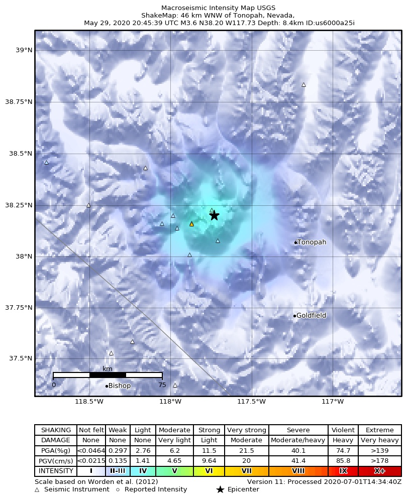 USGS ShakeMap: estimated shaking intensity around the epicenter
