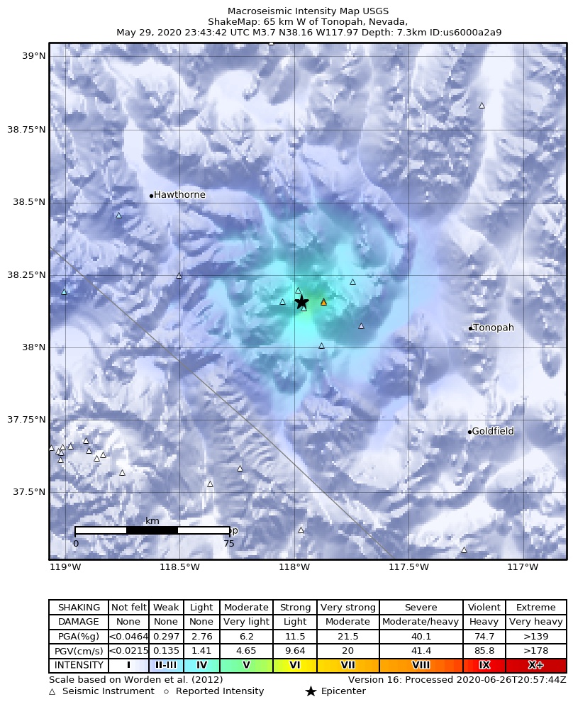USGS ShakeMap: estimated shaking intensity around the epicenter