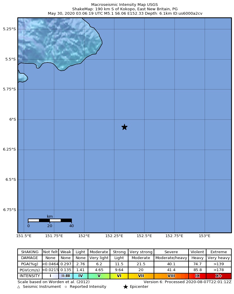 USGS ShakeMap intensity contours for the M5.1 earthquake near New Britain region, Papua New Guinea