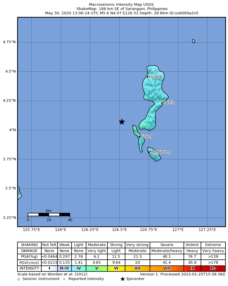 USGS ShakeMap intensity contours for the M5.6 earthquake near 188 km SE of Sarangani, Philippines