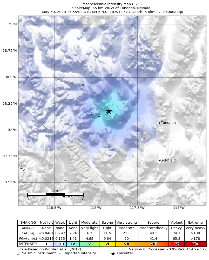 USGS ShakeMap: estimated shaking intensity around the epicenter