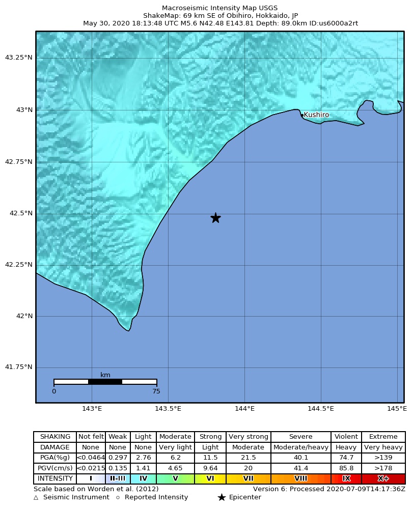 USGS ShakeMap intensity contours for the M5.6 earthquake near 69 km SE of Obihiro, Japan
