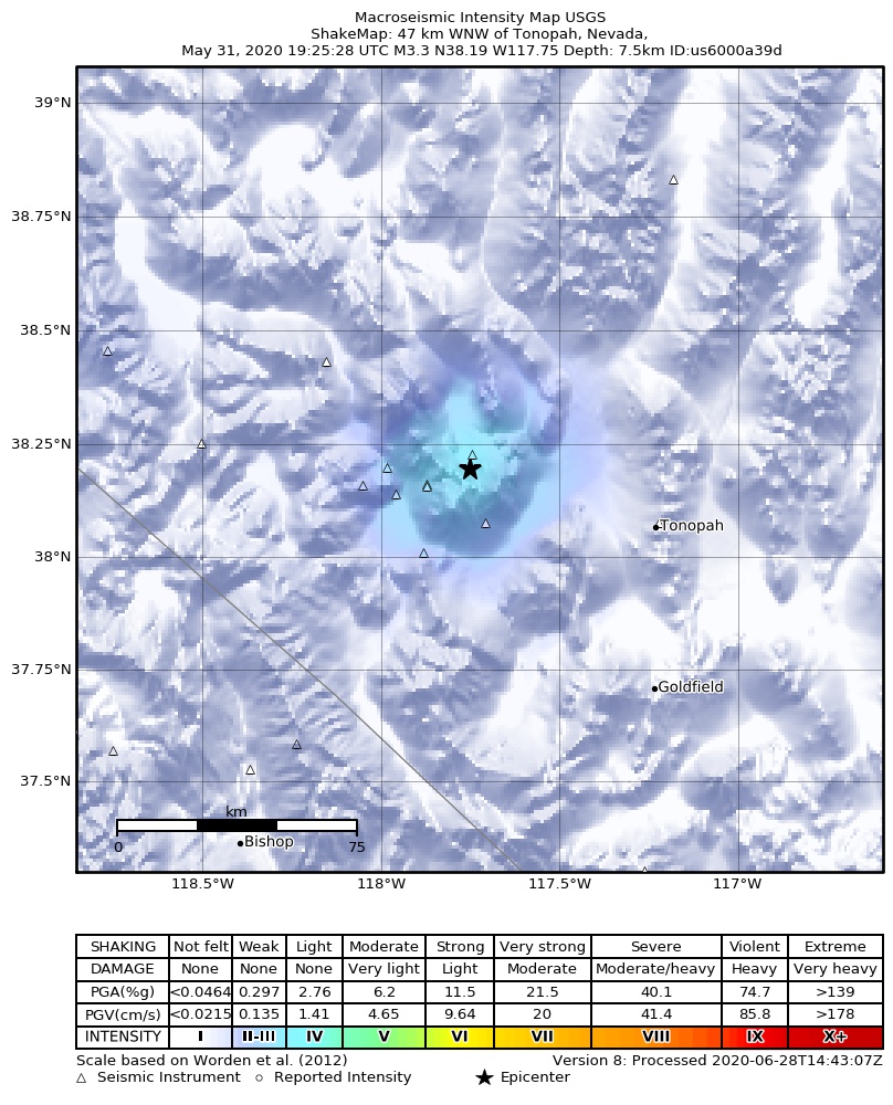 USGS ShakeMap: estimated shaking intensity around the epicenter