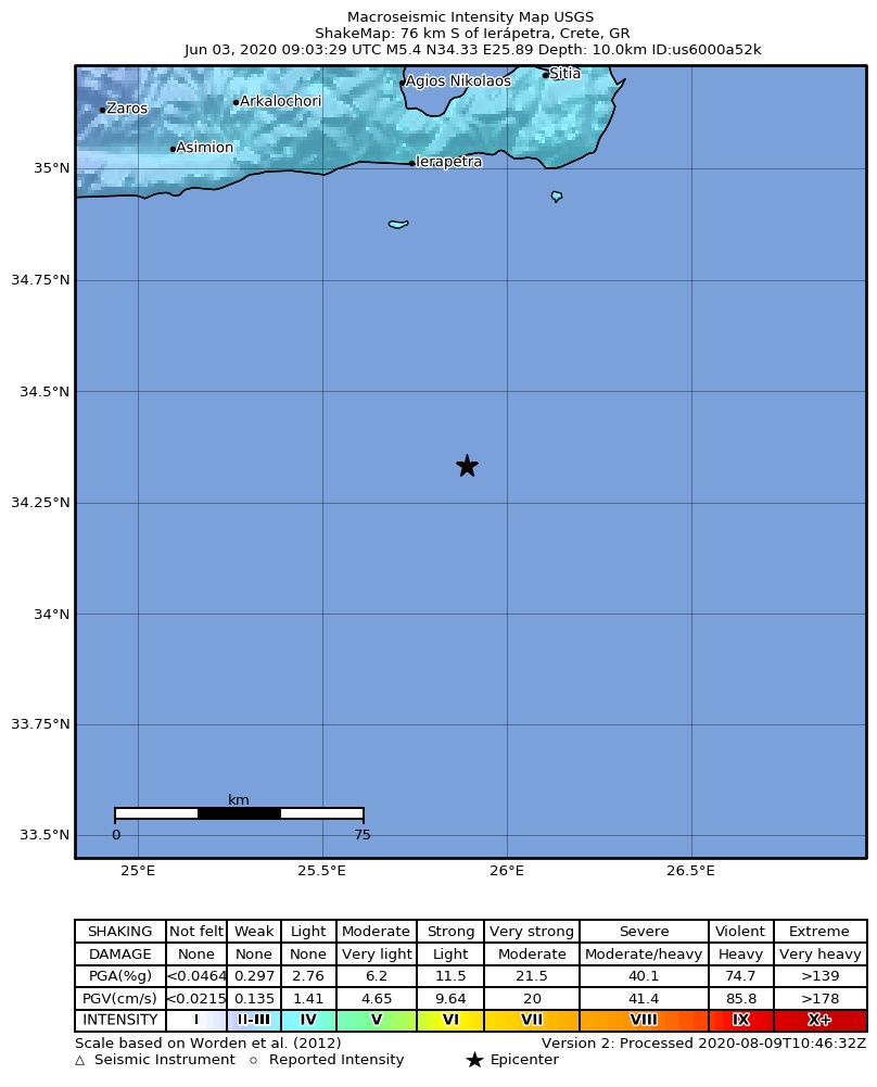 USGS ShakeMap intensity contours for the M5.4 earthquake near 76 km S of Ierápetra, Greece