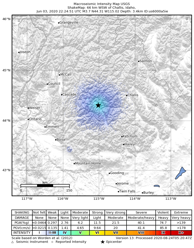 USGS ShakeMap intensity contours for the M3.7 earthquake near 11 km NNW of Stanley, Idaho