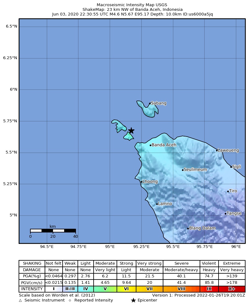 USGS ShakeMap intensity contours for the M4.6 earthquake near 23 km NW of Banda Aceh, Indonesia