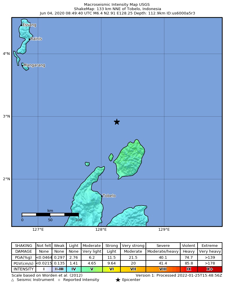 USGS ShakeMap intensity contours for the M6.4 earthquake near 133 km NNE of Tobelo, Indonesia