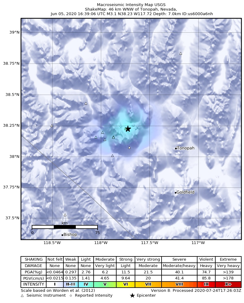 USGS ShakeMap: estimated shaking intensity around the epicenter
