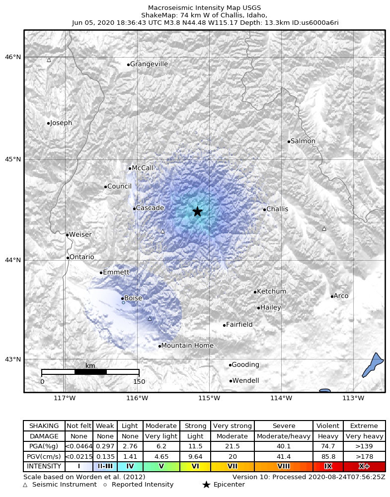 USGS ShakeMap intensity contours for the M3.8 earthquake near 34 km NNW of Stanley, Idaho