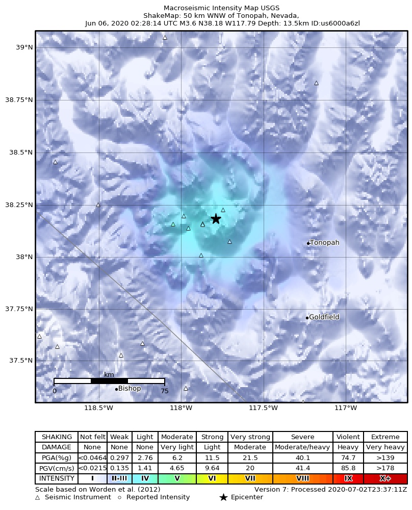 USGS ShakeMap: estimated shaking intensity around the epicenter