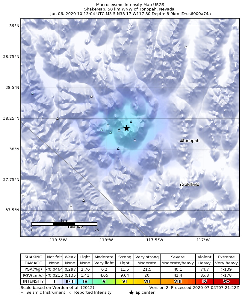 USGS ShakeMap: estimated shaking intensity around the epicenter