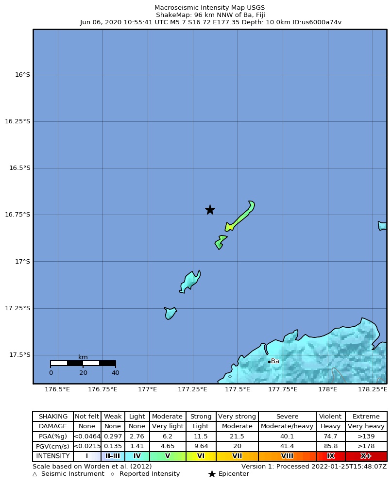 USGS ShakeMap intensity contours for the M5.7 earthquake near 96 km NNW of Ba, Fiji