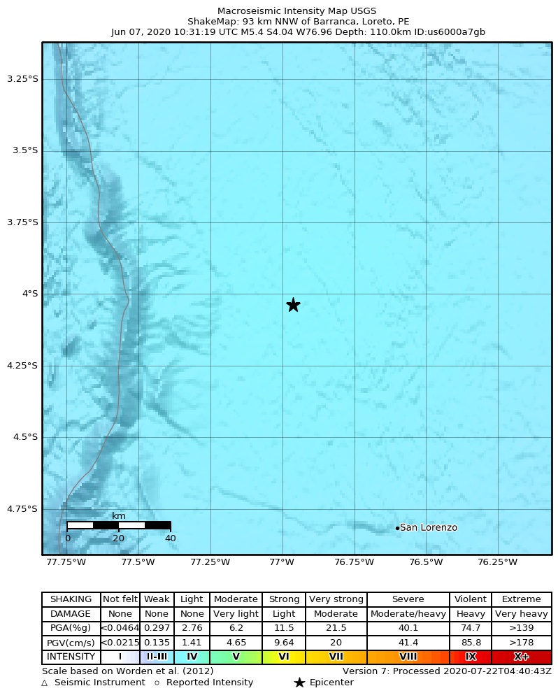 USGS ShakeMap intensity contours for the M5.4 earthquake near 85 km SW of Alianza Cristiana, Peru