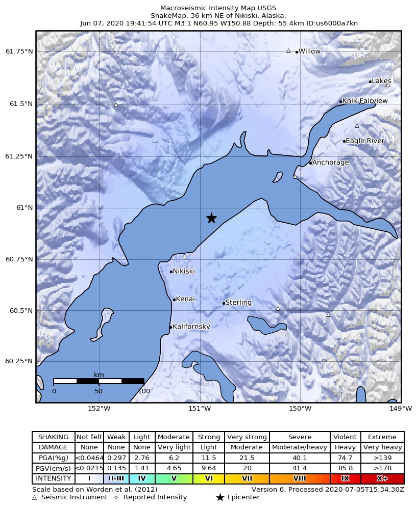 USGS ShakeMap: estimated shaking intensity around the epicenter
