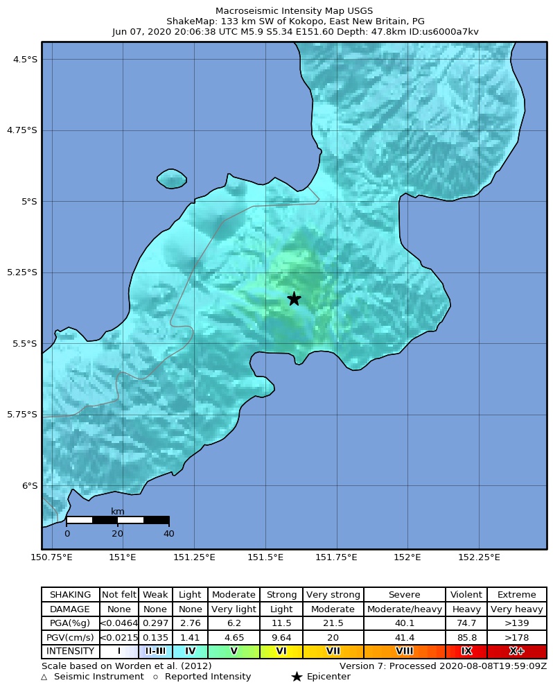 USGS ShakeMap intensity contours for the M5.9 earthquake near 133 km SW of Kokopo, Papua New Guinea