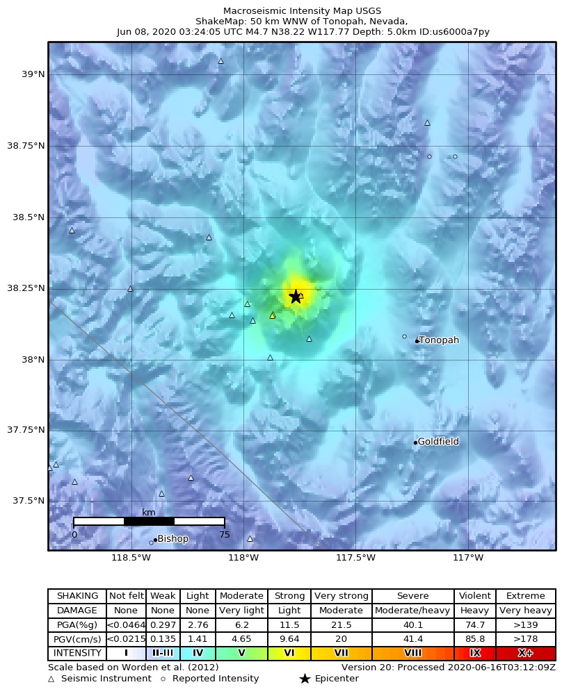 USGS ShakeMap: estimated shaking intensity around the epicenter
