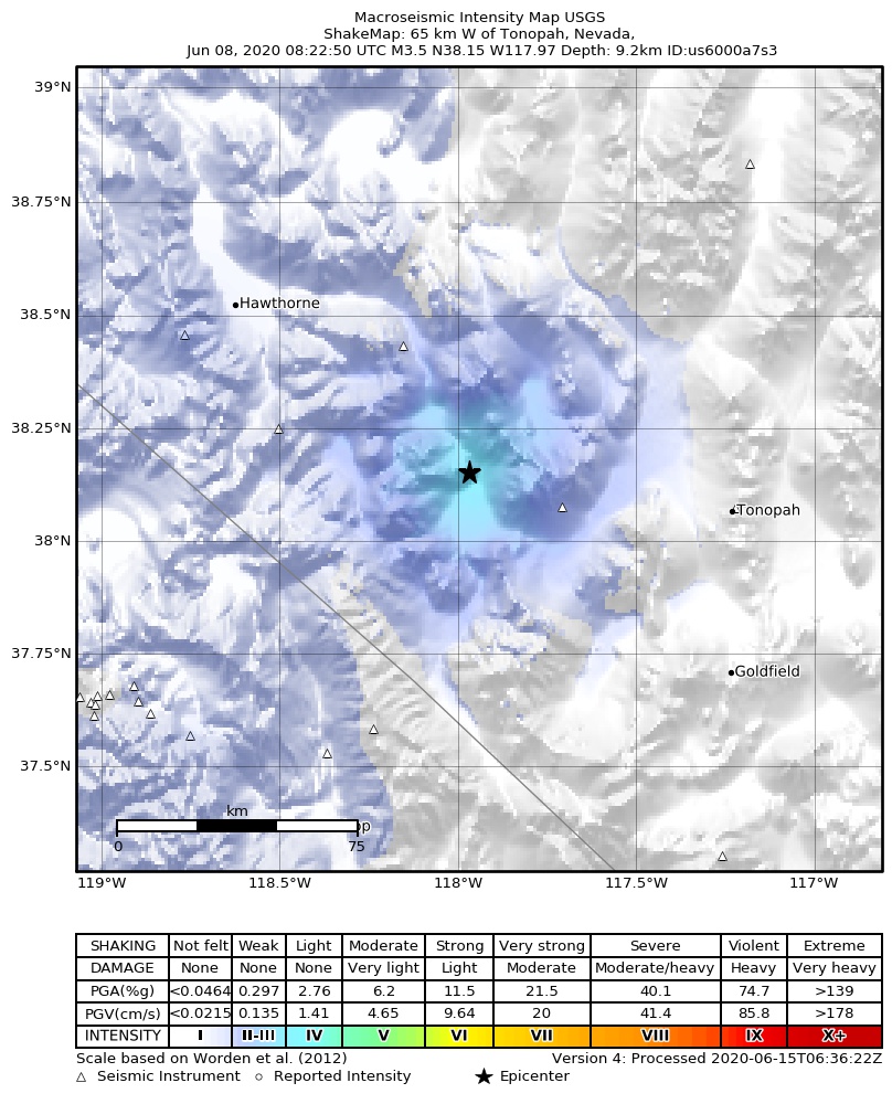 USGS ShakeMap: estimated shaking intensity around the epicenter
