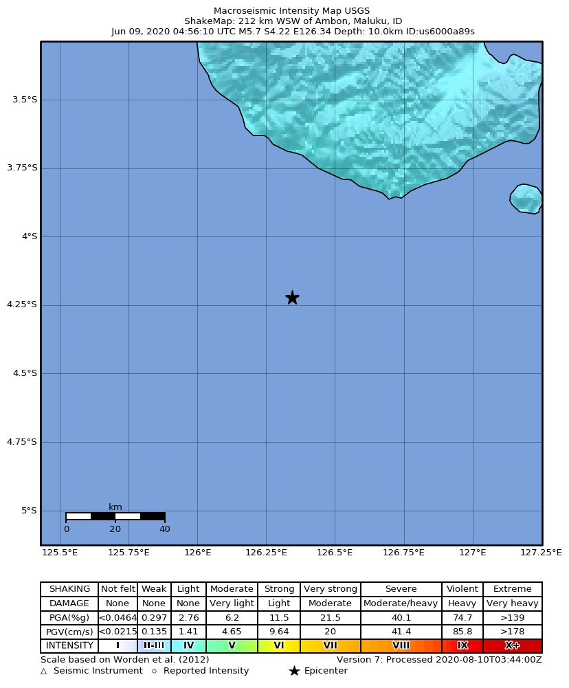 USGS ShakeMap intensity contours for the M5.7 earthquake near 212 km WSW of Ambon, Indonesia