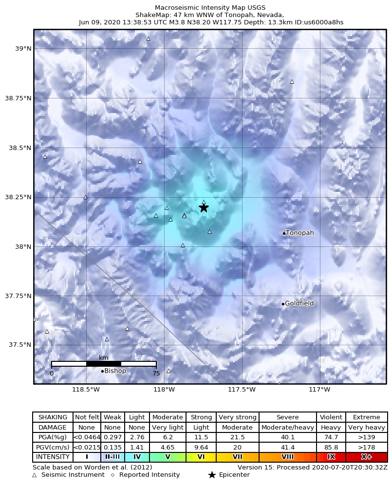 USGS ShakeMap: estimated shaking intensity around the epicenter