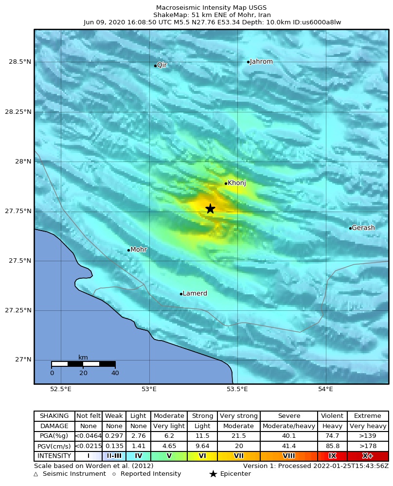 USGS ShakeMap intensity contours for the M5.5 earthquake near 51 km ENE of Mohr, Iran