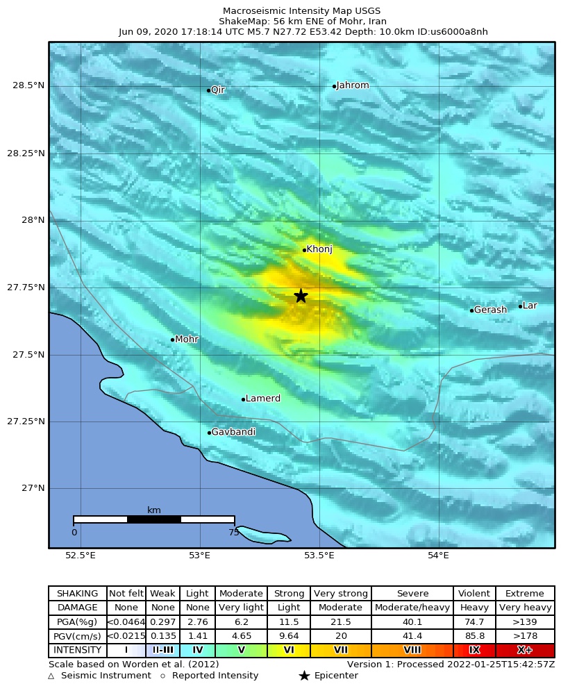 USGS ShakeMap intensity contours for the M5.7 earthquake near 56 km ENE of Mohr, Iran