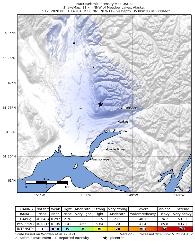 USGS ShakeMap: estimated shaking intensity around the epicenter